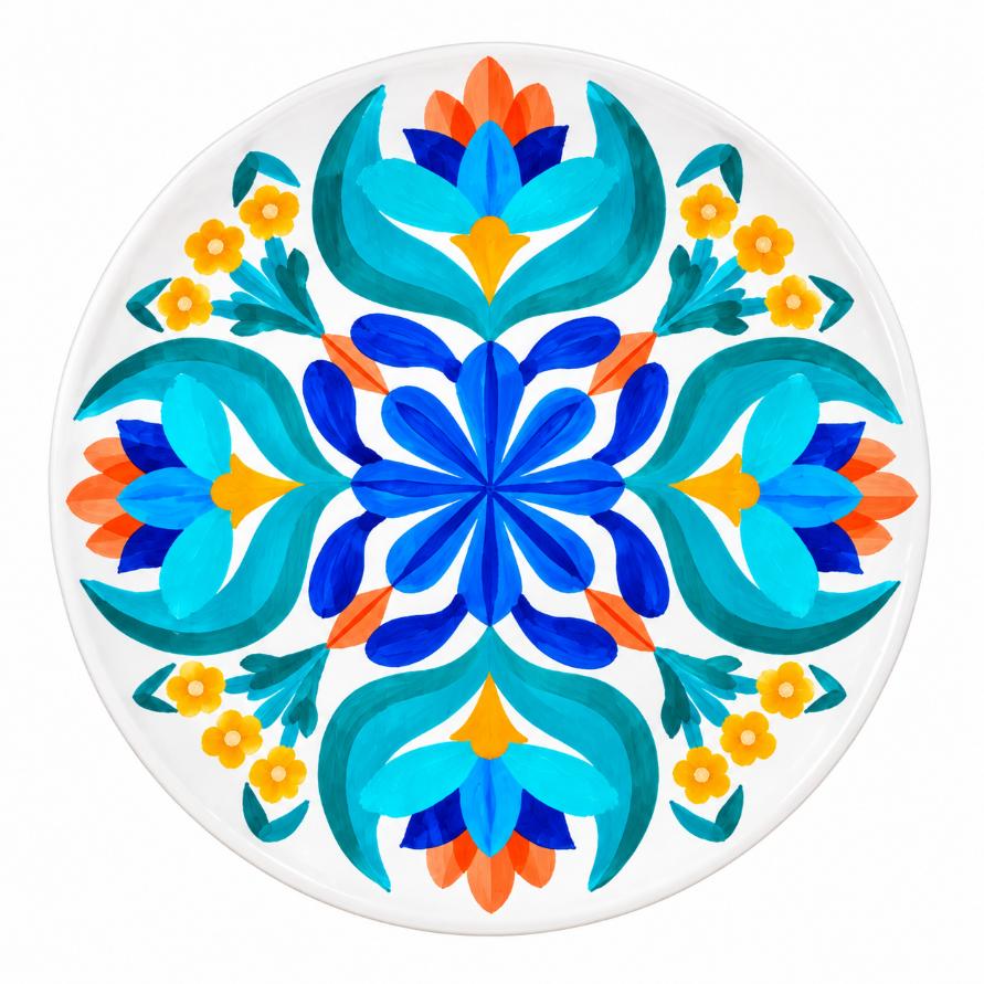 Turquoise Blue Folk Floral Wall Plate