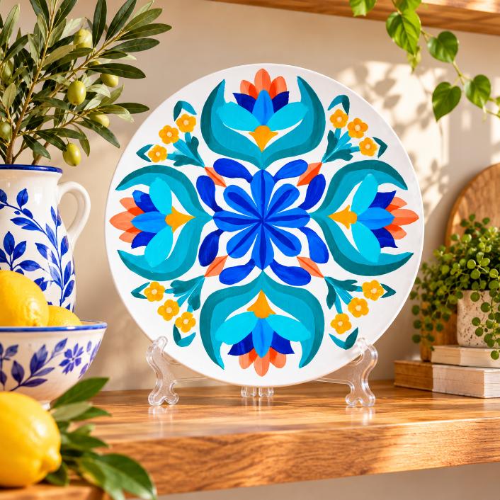 Turquoise Blue Folk Floral Wall Plate on a tabletop stand