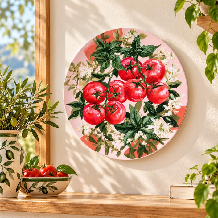 Pink Tomato Blossom Botanical Wall Plate displayed on a wall