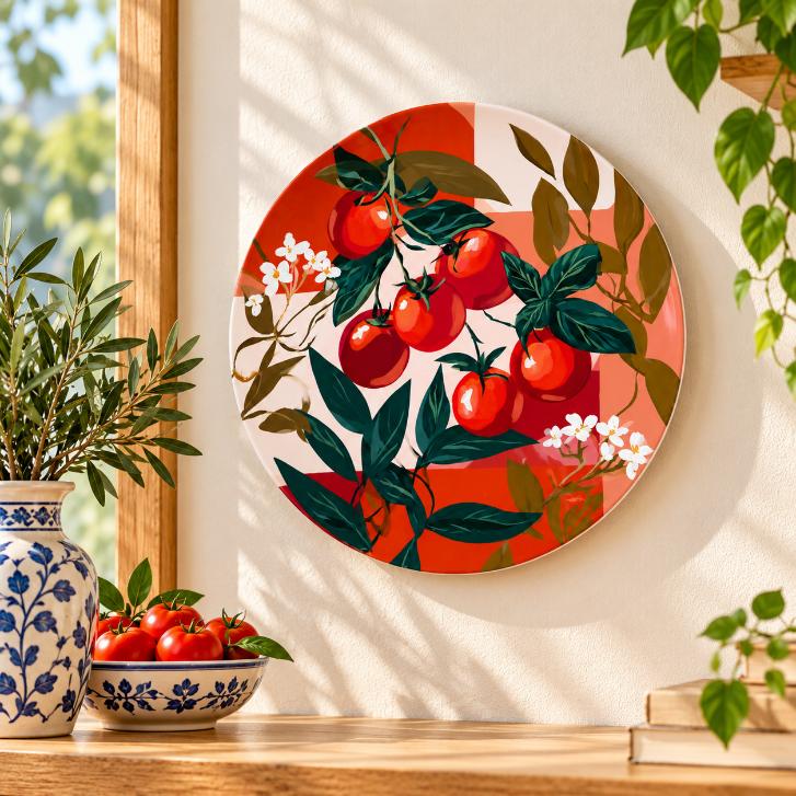 Red Tomato Garden Rustic Botanical Wall Plate displayed on a wall