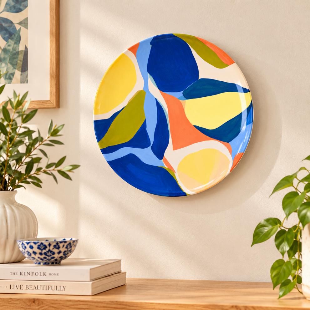 Cobalt & Sunlit Abstract Colour Wall Plate displayed on a wall