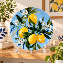 Lemon Blossom Blue Garden Wall Plate on a tabletop stand
