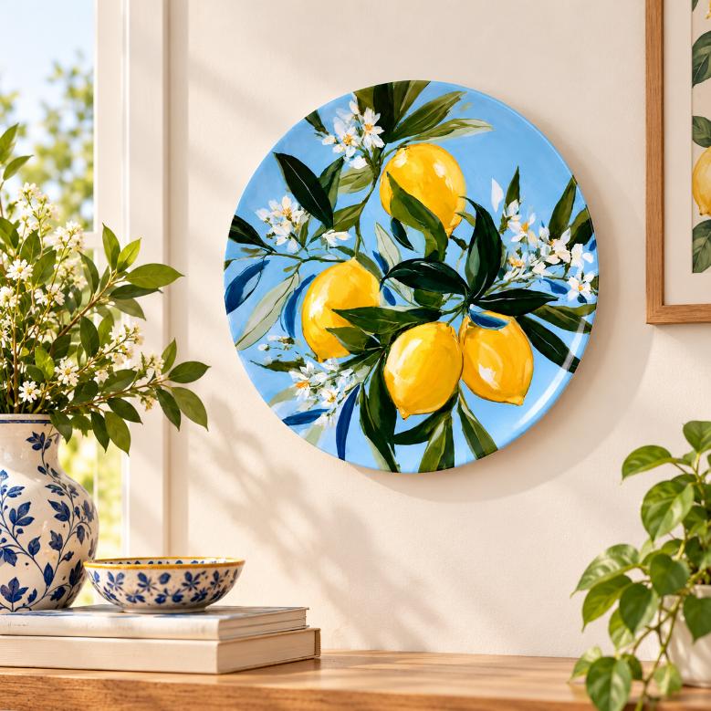 Lemon Blossom Blue Garden Wall Plate displayed on a wall