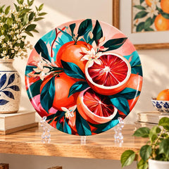 Ruby Grapefruit Citrus Garden Wall Plate on a tabletop stand