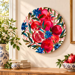 Ruby Pomegranate Floral Garden Wall Plate displayed on a wall