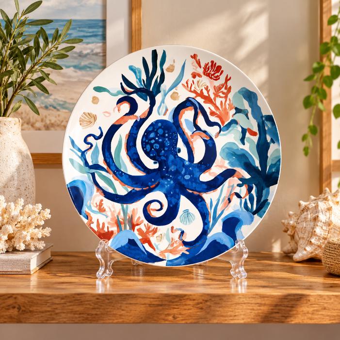 Blue Octopus Reef Decorative Wall Plate on a tabletop stand