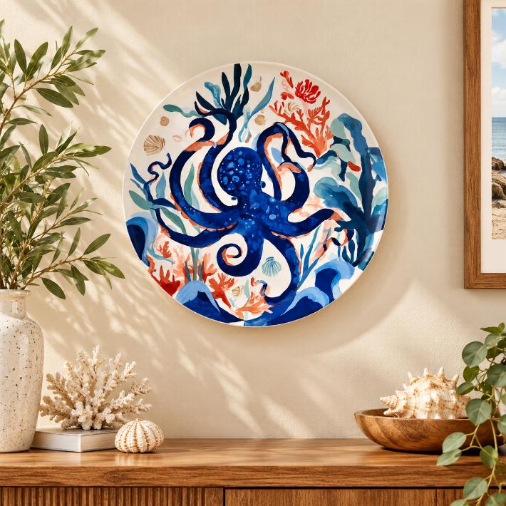 Blue Octopus Reef Decorative Wall Plate displayed on a wall