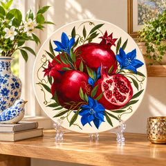 Ruby Pomegranate Blue Blossom Wall Plate on a tabletop stand
