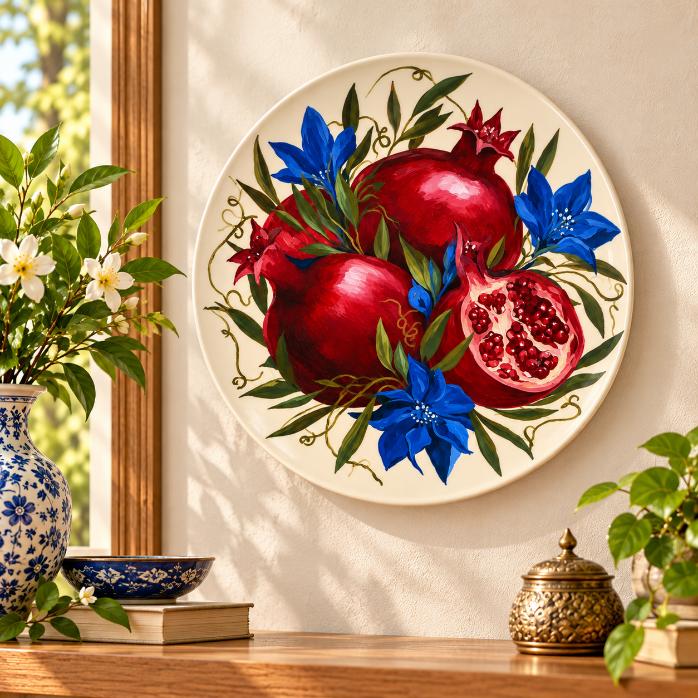 Ruby Pomegranate Blue Blossom Wall Plate displayed on a wall