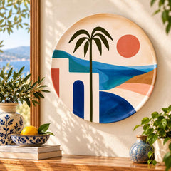 Coastal Sunset Palm Tree Wall Plate displayed on a wall