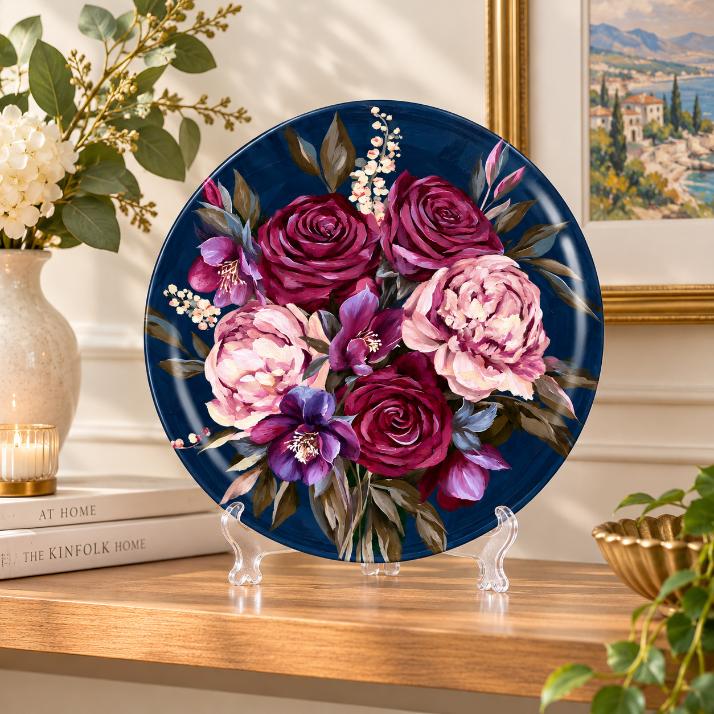 Midnight Burgundy Rose & Peony Wall Plate on a tabletop stand