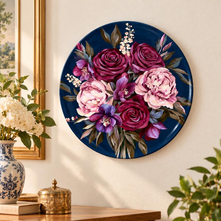 Midnight Burgundy Rose & Peony Wall Plate displayed on a wall