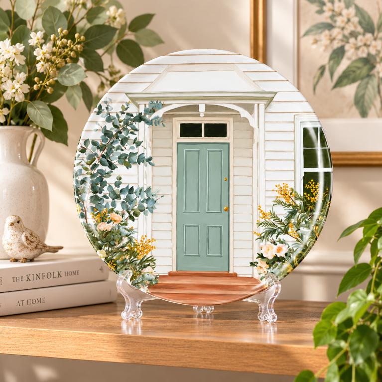 Sage Green Cottage Garden Door Wall Plate on a tabletop stand