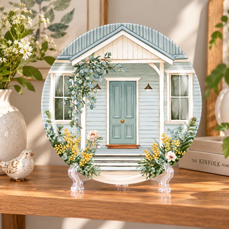 Sage Cottage Farmhouse Entrance Wall Plate on a tabletop stand