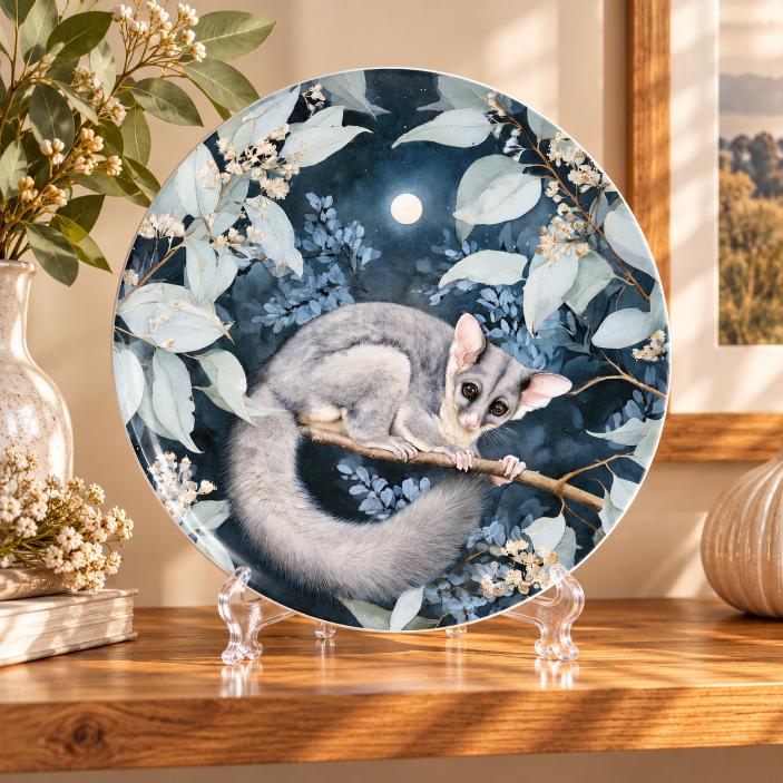 Moonlit Possum Eucalyptus Decorative Wall Plate on a tabletop stand