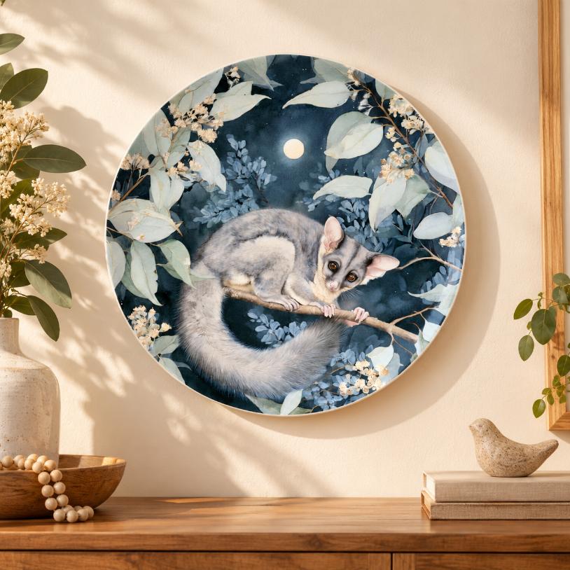 Moonlit Possum Eucalyptus Decorative Wall Plate displayed on a wall