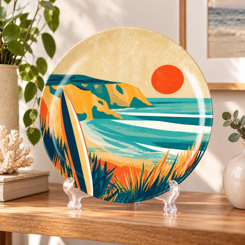 Golden Hour Coastal Surf Escape Wall Plate on a tabletop stand