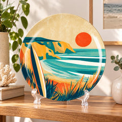 Golden Hour Coastal Surf Escape Wall Plate on a tabletop stand