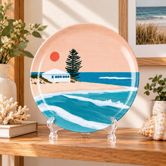 Seaside Cottage Turquoise Wave Wall Plate on a tabletop stand