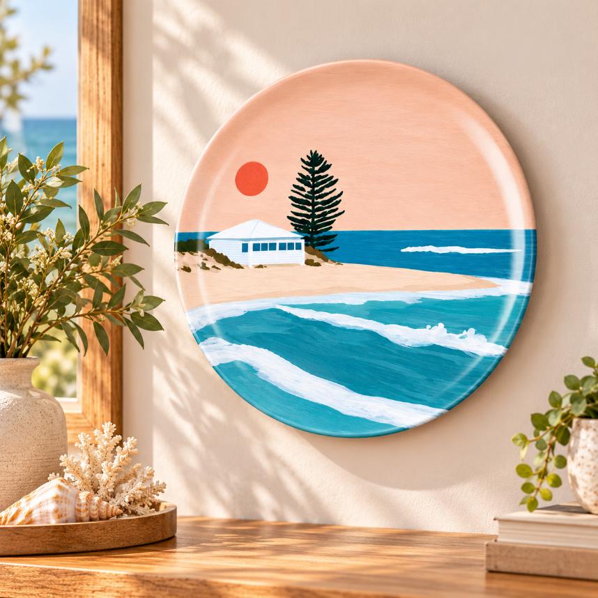 Seaside Cottage Turquoise Wave Wall Plate displayed on a wall