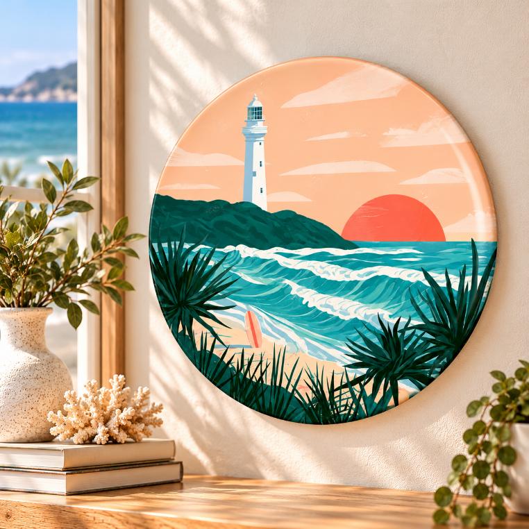 Lighthouse Turquoise Surf Sunset Wall Plate displayed on a wall