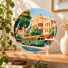 Heritage Tram & Grand City Streets Wall Plate on a tabletop stand