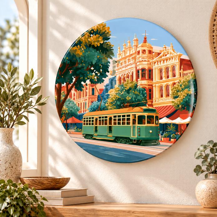 Heritage Tram & Grand City Streets Wall Plate displayed on a wall