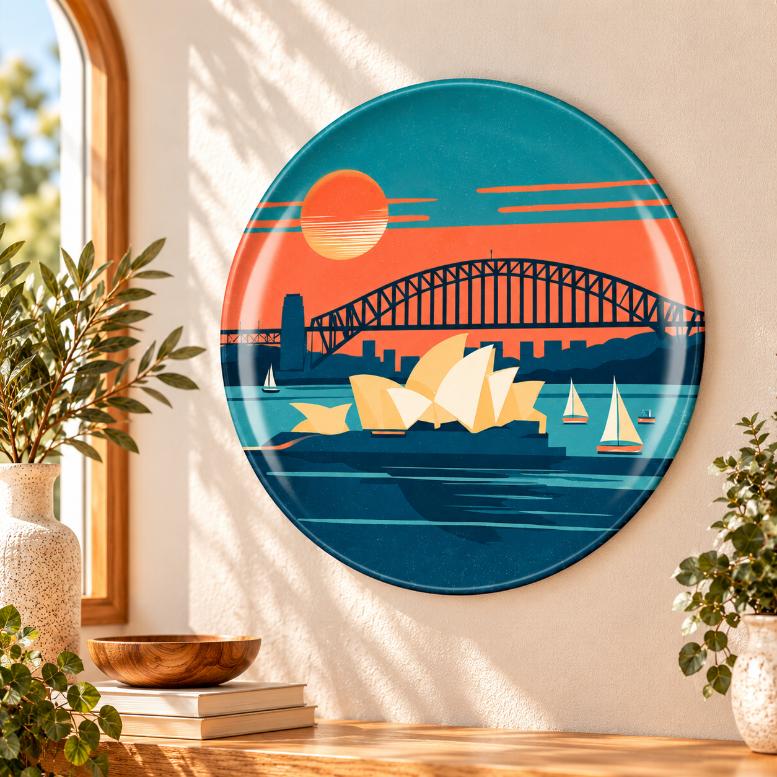Sydney Harbour Sunset Icons Wall Plate displayed on a wall