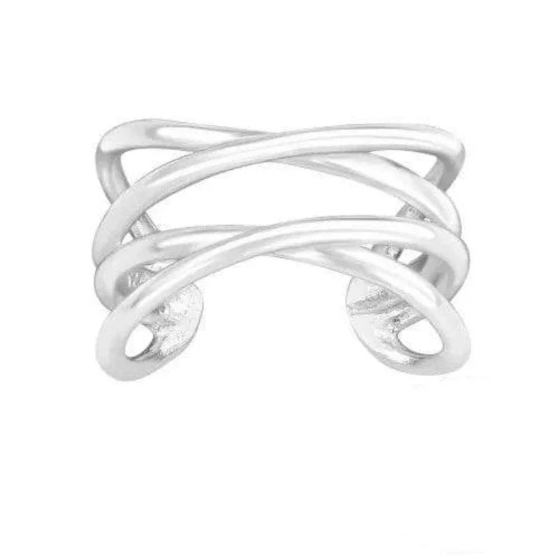 Polished sterling silver criss cross ear cuff earring with a layered open-band design, measuring 12 x 6 mm and gift boxed in Australia.