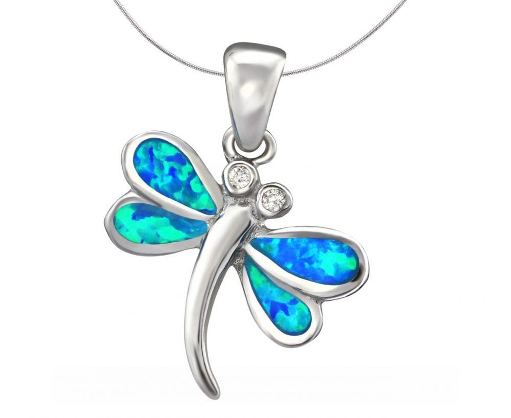 Silver Dragonfly Pendant Charm with Synthetic Opals and Gemstones