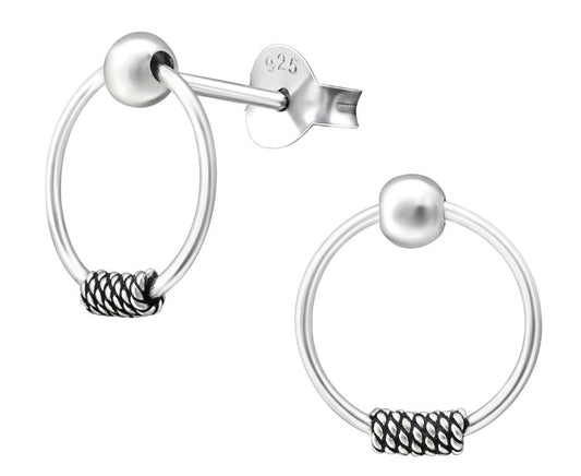 Sterling silver hanging circle ball stud earrings with 10 mm hoops, polished 3 mm ball studs and oxidised rope details, gift boxed in Australia.
