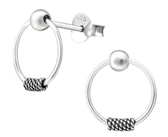 Sterling silver hanging circle ball stud earrings with 10 mm hoops, polished 3 mm ball studs and oxidised rope details, gift boxed in Australia.