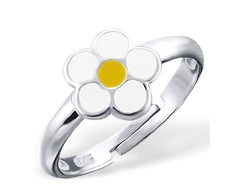 Adjustable kids 925 sterling silver flower ring with white petals, a yellow centre and polished open band, available in US sizes 2.5 and 4 in Australia.