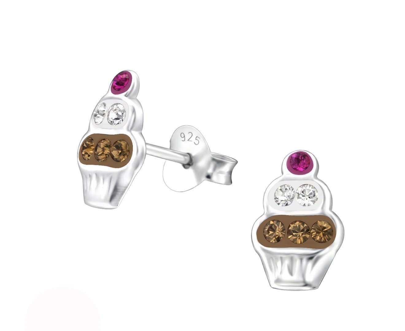 Sterling Silver Kids cupcake Stud Earrings Made With Swarovski Crystal