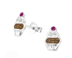 Sterling Silver Kids cupcake Stud Earrings Made With Swarovski Crystal