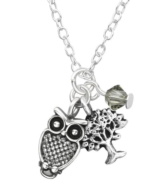 Silver Owl Tree Of Life Necklace With Swarovski Crystal Black Diamond