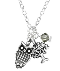 Silver Owl Tree Of Life Necklace With Swarovski Crystal Black Diamond