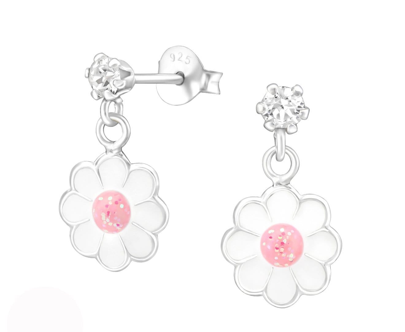 Sterling Silver Kids Hanging Flower Stud Earrings Made With Swarovski Crystal