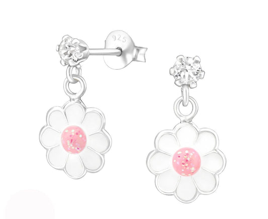 Sterling Silver Kids Hanging Flower Stud Earrings Made With Swarovski Crystal