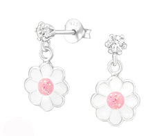 Sterling Silver Kids Hanging Flower Stud Earrings Made With Swarovski Crystal