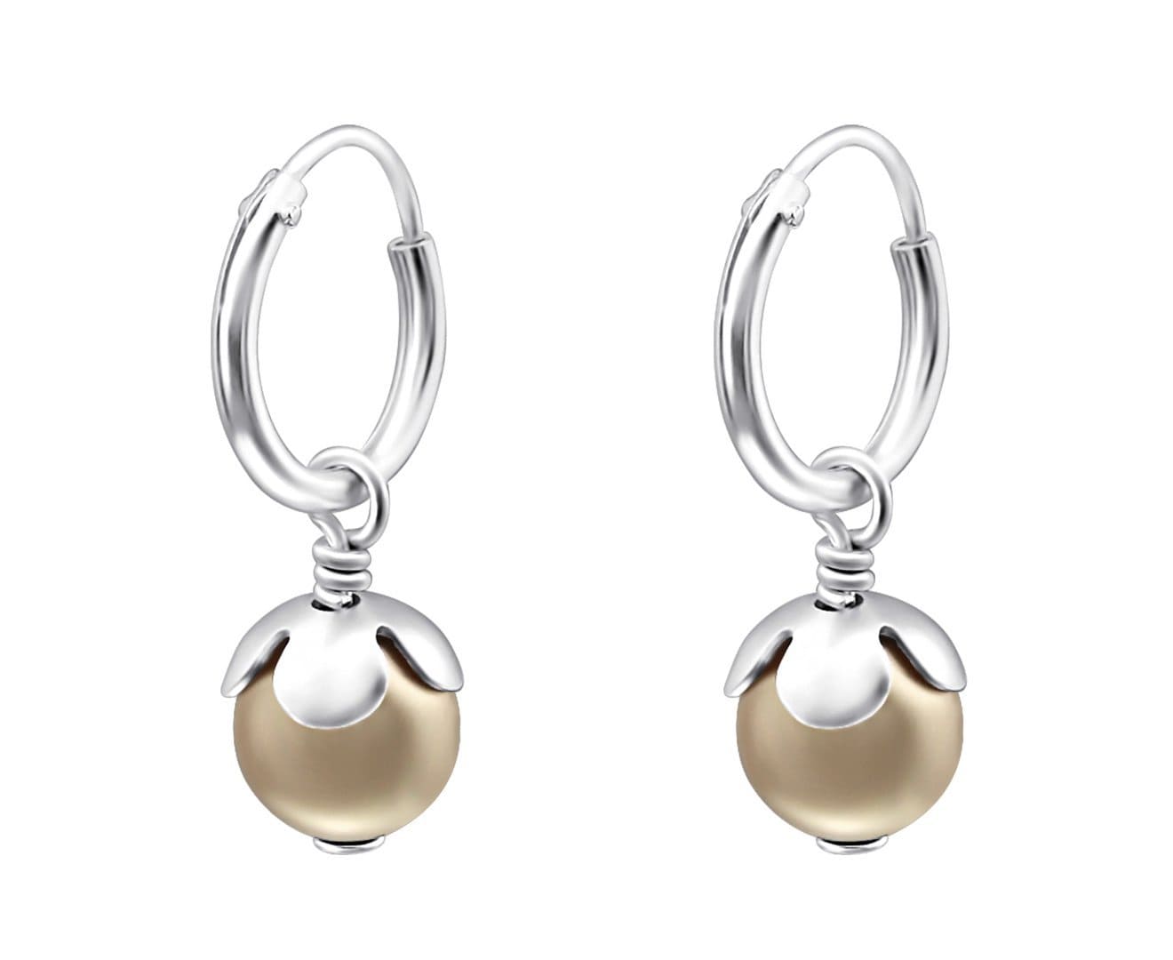 Sterling Silver Hanging Pearl Bronze hoop earring Made With Swarovski Crystal
