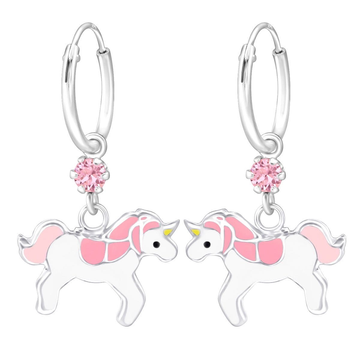 Kids 925 sterling silver unicorn hoop earrings with white and pink charms, sparkling pink crystal drops and polished 12 mm hoops in Australia.
