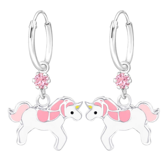 Kids 925 sterling silver unicorn hoop earrings with white and pink charms, sparkling pink crystal drops and polished 12 mm hoops in Australia.