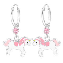 Kids 925 sterling silver unicorn hoop earrings with white and pink charms, sparkling pink crystal drops and polished 12 mm hoops in Australia.