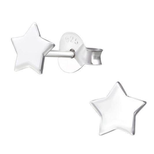 Polished 925 sterling silver star stud earrings with plain five-point designs, straight posts, butterfly backs and an 8 x 5 mm size in Australia.