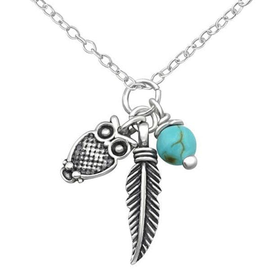 Silver Owl and Feather Necklace