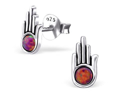 Silver Hamsa Stud Earrings With Opals