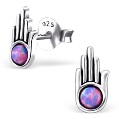 Silver Hamsa Stud Earrings With Opals