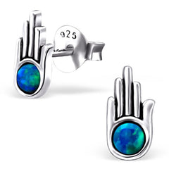 Silver Hamsa Stud Earrings With Opals