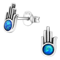 Silver Hamsa Stud Earrings With Opals